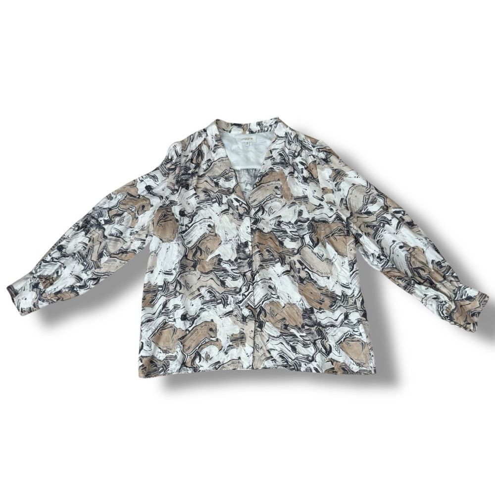Lafayette 148 New York Scottie Silk Blouse Latte Multi Abstract Size L Women’s